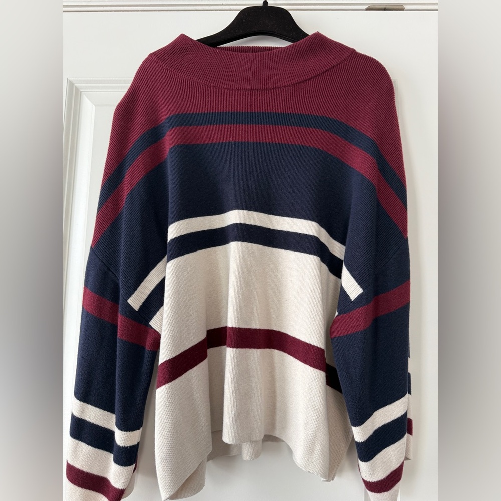 LOFT Burgundy and Navy Striped Turtleneck Sweater